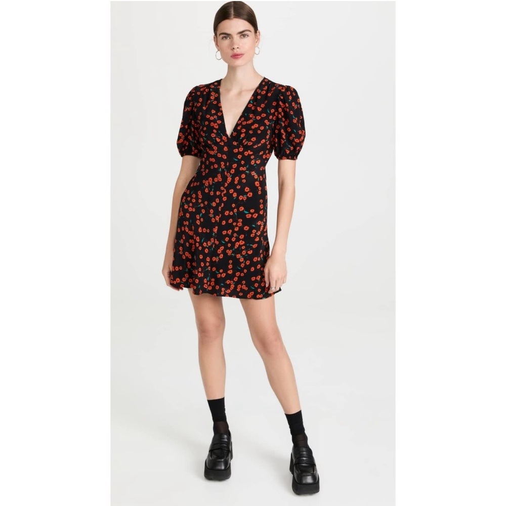 STAUD Milla Short Puff Sleeve V-Neck Floral Dress in Poppy Field